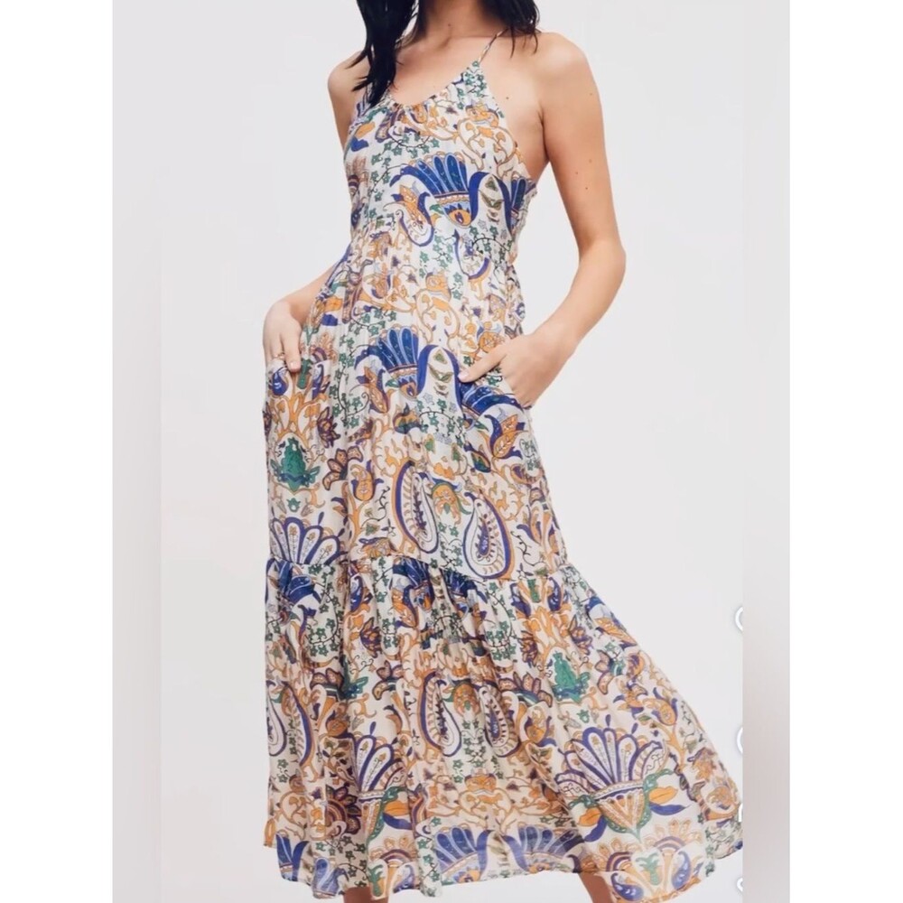 NEW Cream Paisley Halter Maxi Dress with Blue & Green Accents